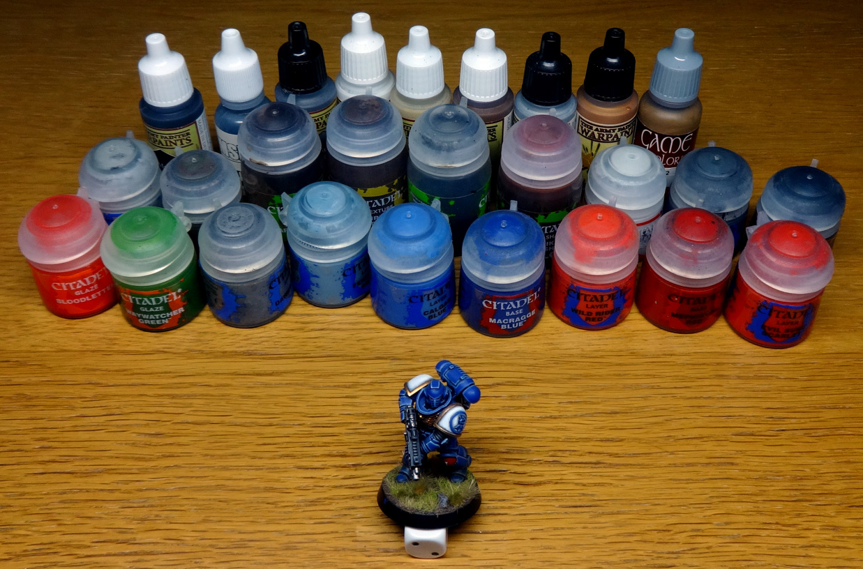 A Space Marine with the paints used