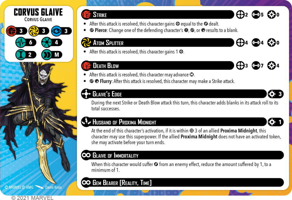Marvel Crisis Protocol stat card for Corvus Glaive
