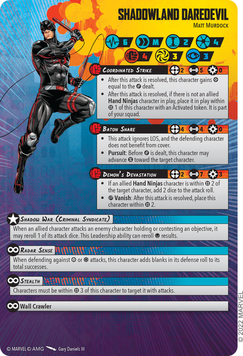 Shadowland Daredevil stat card for Marvel Crisis Protocol