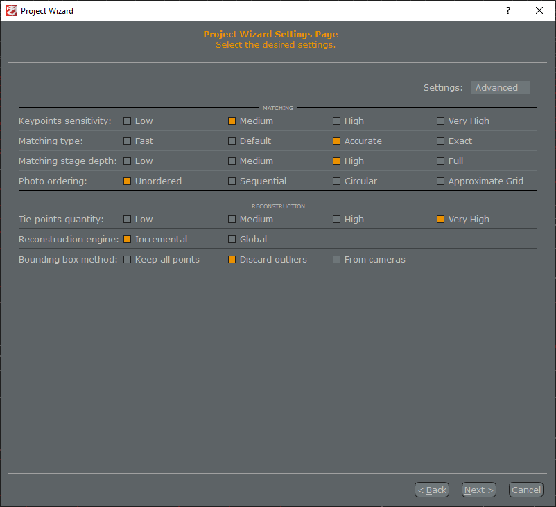 Photogrammetry - Project Wizard Settings