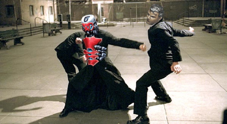 Meme image from the Matrix film featuring a Hollowman punching Machaon