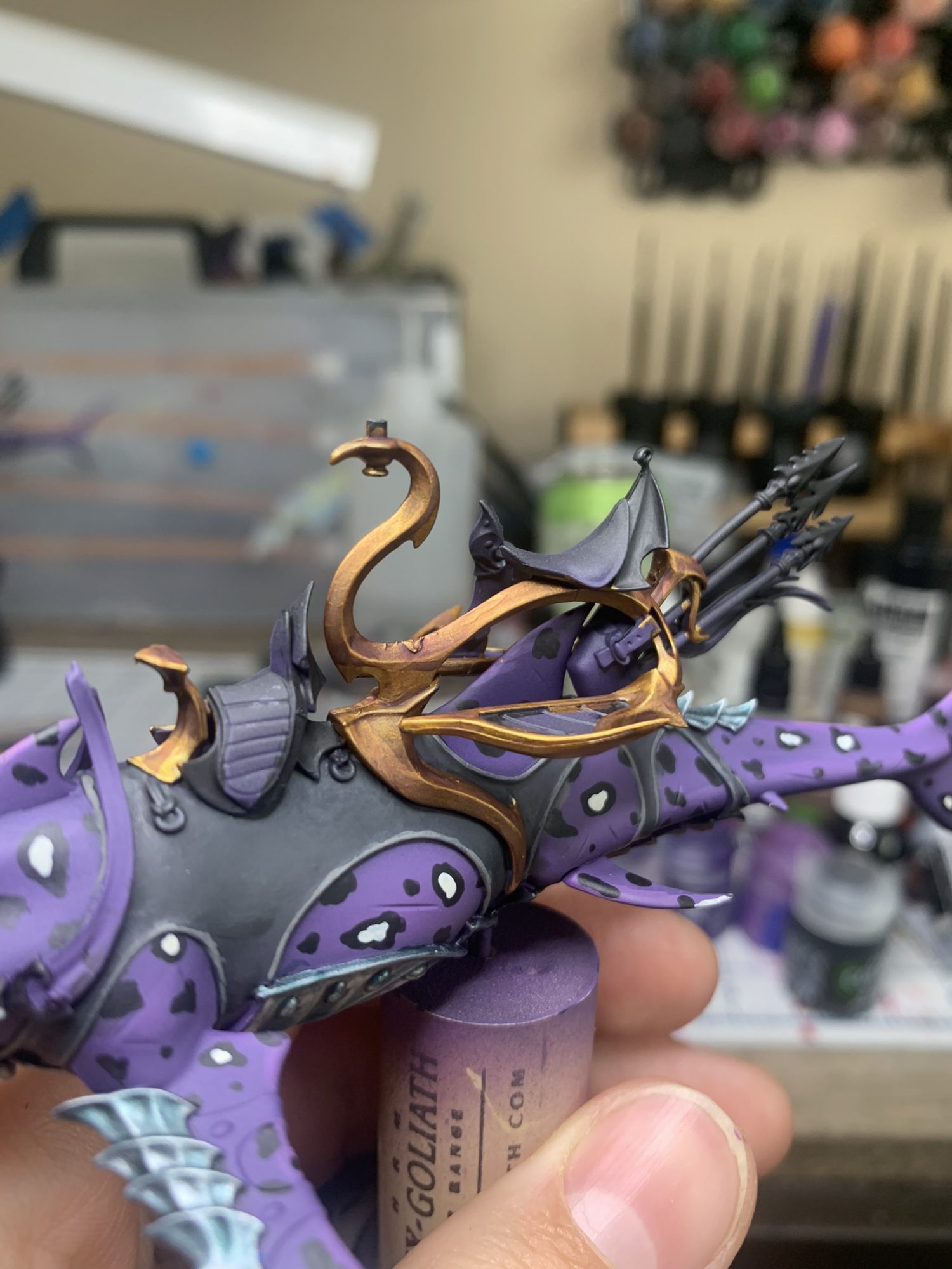 WIP. First attempt. Using a silver paint pen for undercoat. Druchi violet  on top in layers. Feedback and ideas appreciated. : r/Necrontyr