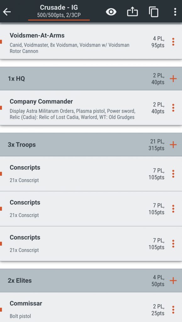A screenshot of Battlescribe showing far too many Conscripts