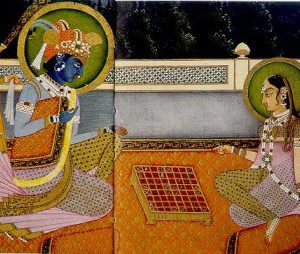 Krishna and Radha playing chaturanga on an 8×8 Ashtāpada
