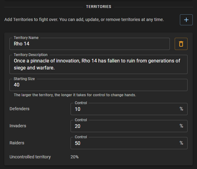 The default territory size is 100, but try creating a territory of size 20 to see how quickly control changes hands!