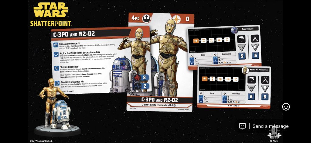 C3P0 and R2 Cards for Star Wars: Shatterpoint. Credit: Atomic Mass Games.