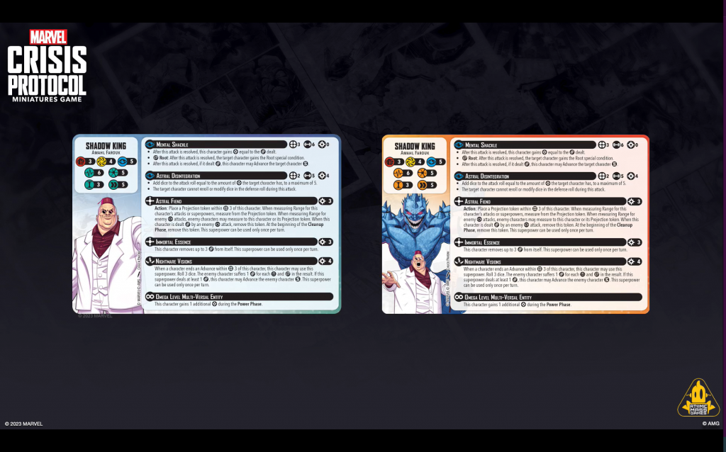 Shadow King character stat card for Marvel: Crisis Protocol. Credit: Atomic Mass Games.
