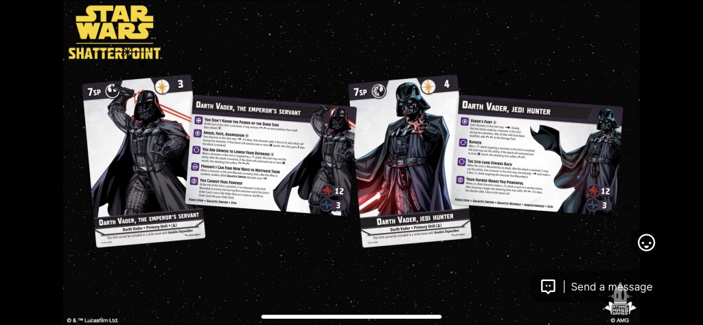 Vader Cards for Star Wars: Shatterpoint. Credit: Atomic Mass Games.