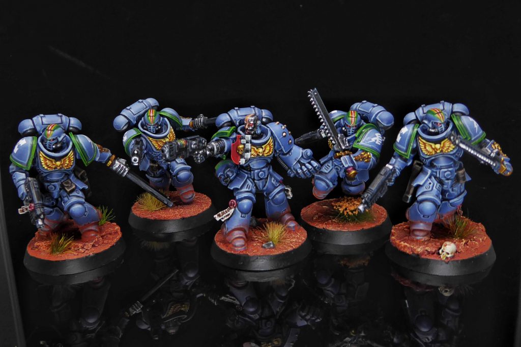 5 Primaris Space Marine Assault Intercessors of the Rainbow Warriors chapter 