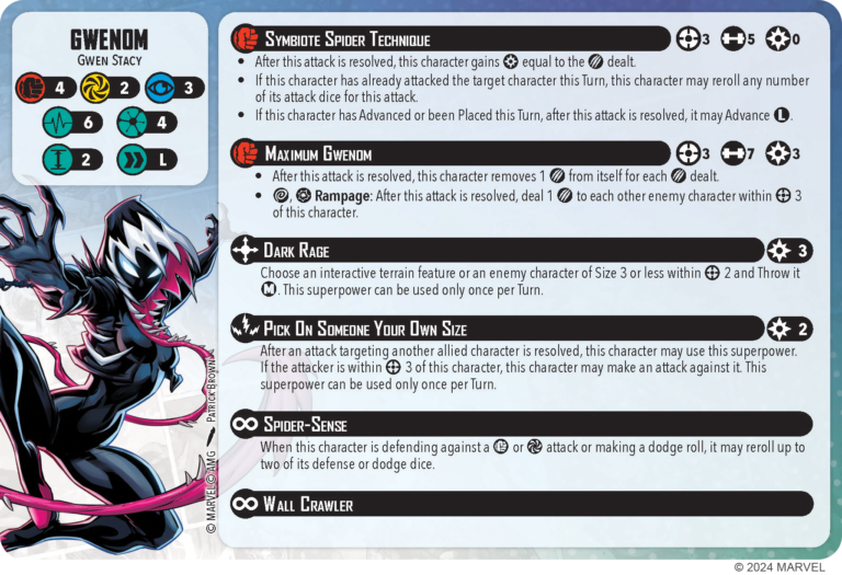 Gwenom character card courtesy of Atomic Mass Games