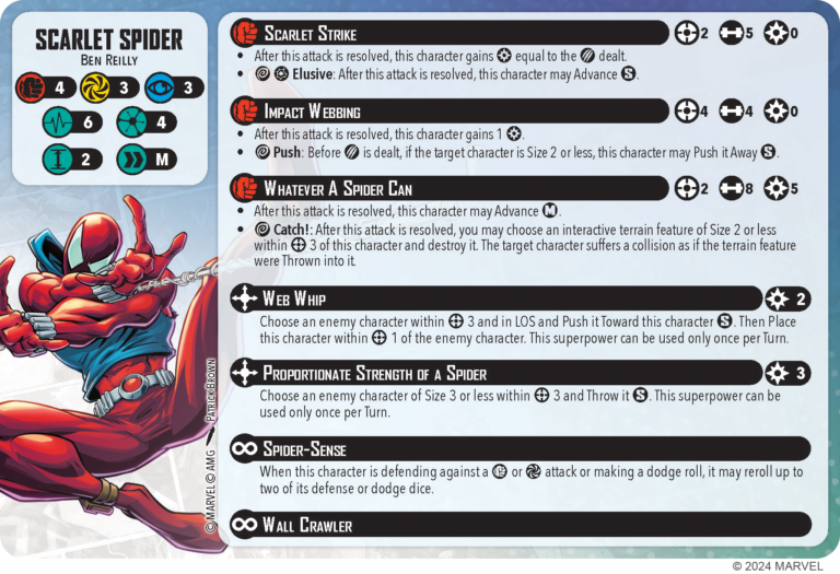 Scarlet Spider character card courtesy of Atomic Mass Games