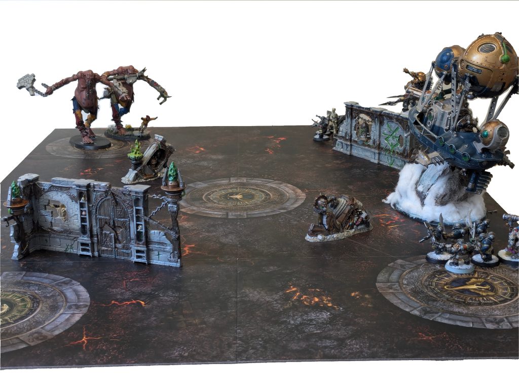 Spearhead board featuring Sons of Behemat against Kharadron Overlords. Credit: Roxin