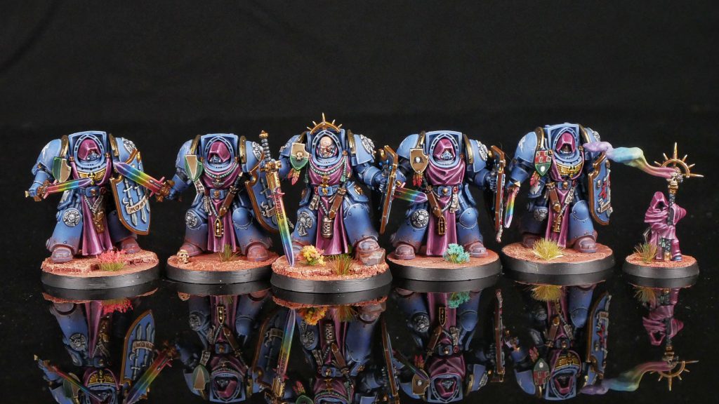 5 Deathwing Knights with Power Swords in the Rainbow Warriors scheme 