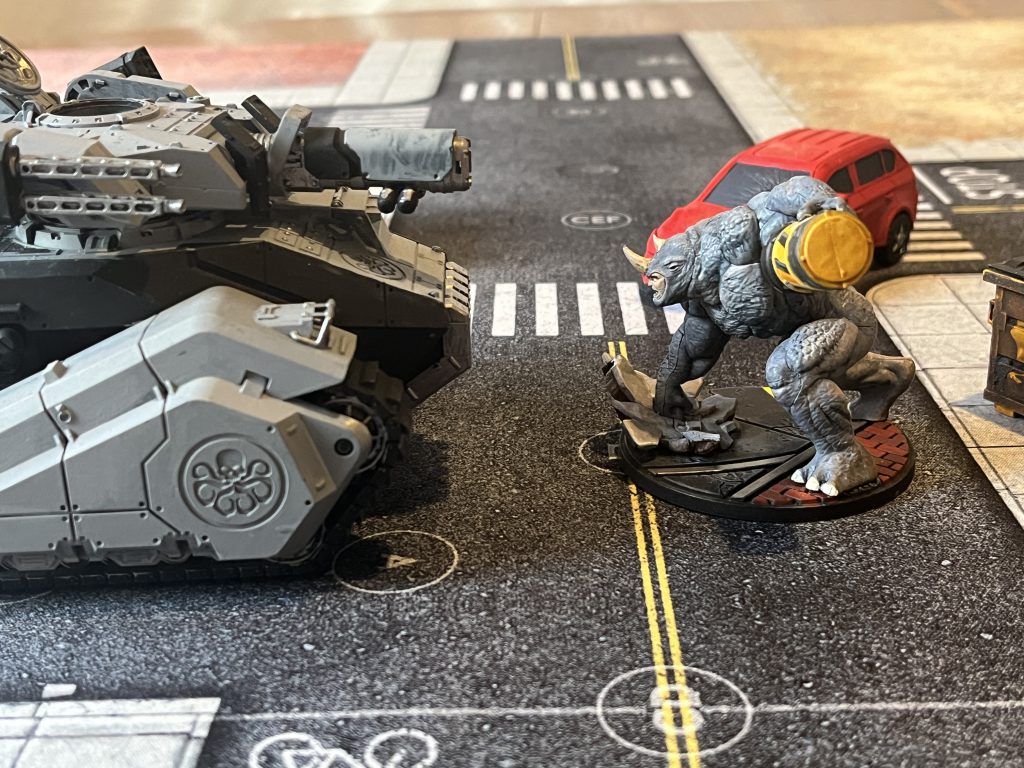 Rhino facing down the Hydra Tank in Marvel Crisis Protocol