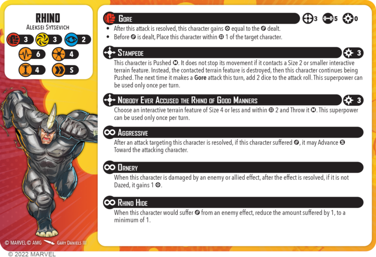 Rhino's healthy-side Marvel Crisis Protocol character card