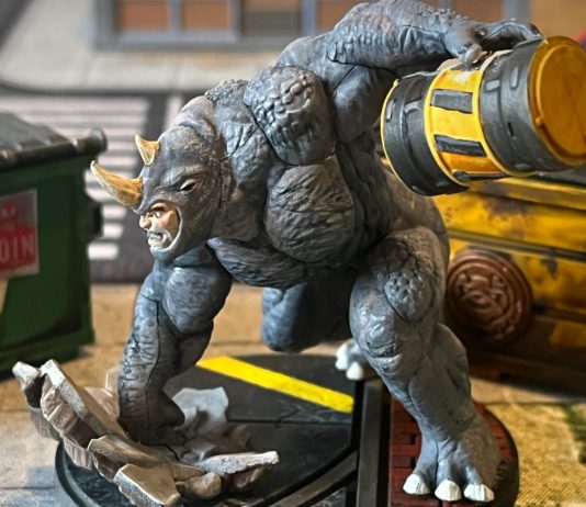 Rhino in front of Dumpsters in Marvel Crisis Protocol