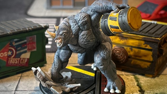 Rhino in front of Dumpsters in Marvel Crisis Protocol