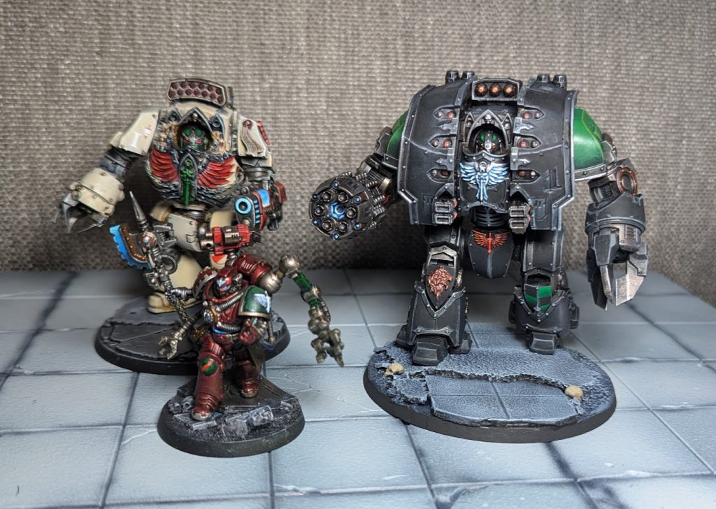 Dark Angels Techmarine, Leviathan Dreadnought, and Contemptor Dreadnought