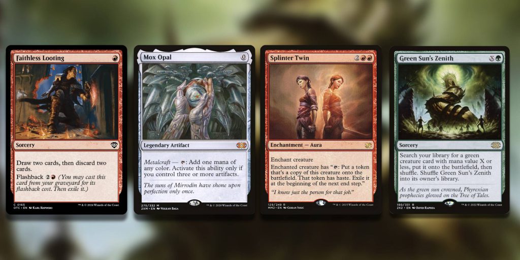 The Modern cards getting unbanned in Magic the Gathering, Mox Opal, Faithless Looting, Splinter Twin and Green Sun's Zenith.