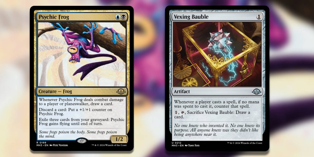 Two Magic the Gathering cards banned in Legacy, Psychic Frog and Vexing Bauble.