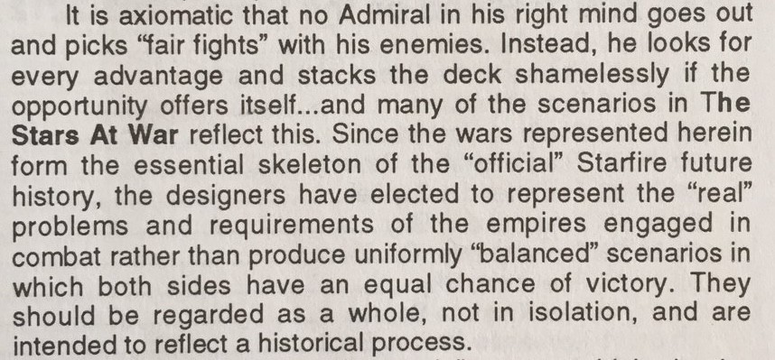 A passage from Stars at War from Starfire Design Studio, discussing how no Admiral in their right mind is looking for a fair fight.