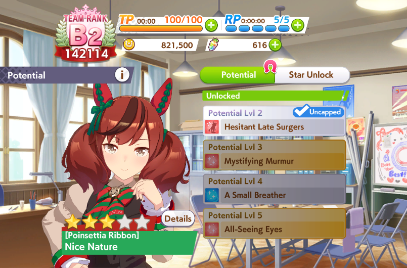A screenshot of the game Umamusume: Pretty Derby showing the Star Level and Potential Level of Nice Nature.