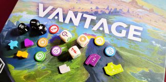 Vantage board game box and counters